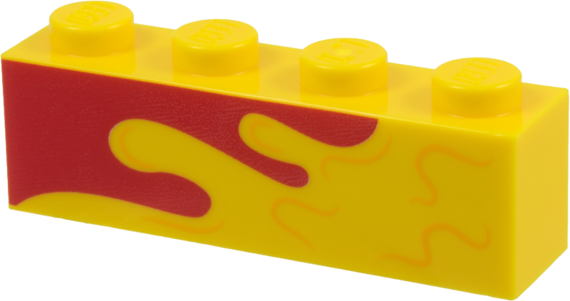 Lego Brick 1 x 4 with with Red and Bright Light Orange Wavy Lines Pattern Model Right Side / Yellow