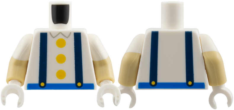 Lego Torso Dark Blue Suspenders, 3 Bright Light Orange Buttons, Blue Belt Pattern / Tan Arms with Molded White Short Sleeves Pattern / White Hands