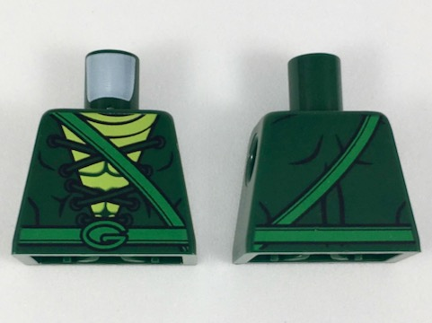 Lego Torso Tunic with Laces over Lime Shirt, Green Belts with 'G' Buckle Pattern / Dark Green