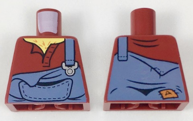 Lego Torso Torn Sand Blue Overalls over Open Shirt Pattern (Hank Haystack) / Dark Red