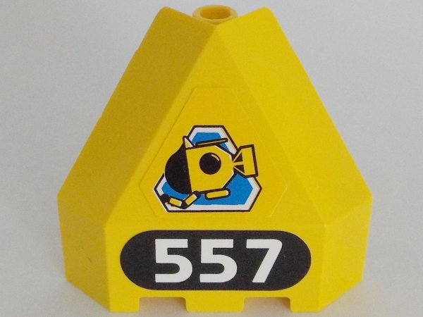 Lego Panel 3 x 3 x 3 Corner Convex with Submarine on Blue Triangle, White '557' on Black Background Pattern (Stickers) - Set 6557