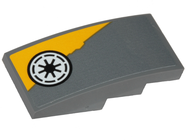 Lego Slope, Curved 4 x 2 with Yellow Triangular Shape and SW Republic Pattern Model Left Side (Sticker) - Set 75214 / Dark Bluish Gray
