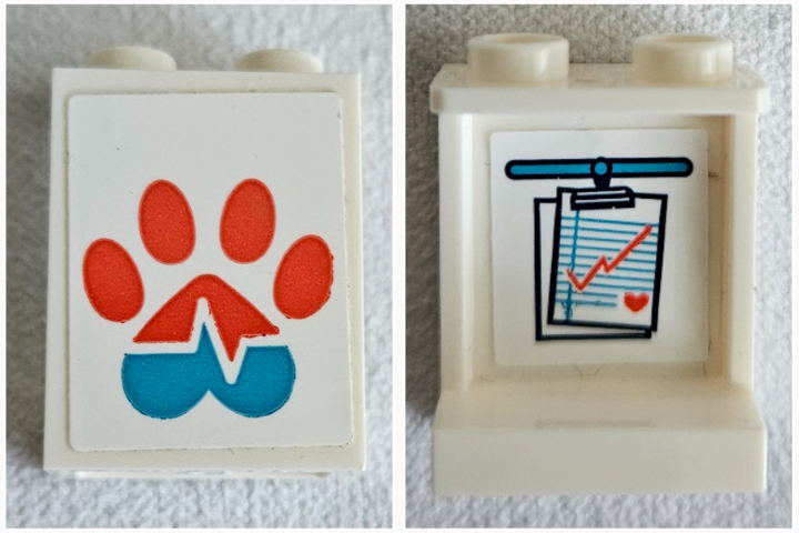 Lego Panel 1 x 2 x 2 with Side Supports - Hollow Studs with Coral and Medium Azure Paw Print and Heart Beat on Outside and Hanging Medical Chart on Inside Pattern (Stickers) - Set 41445 / White