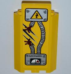 Lego Panel 3 x 3 x 6 Corner Wall without Bottom Indentations with Electricity Danger Sign, 1 Ripped Cable, 'DANGER' and Gauge Pattern (Sticker) - Set 5887 / Yellow