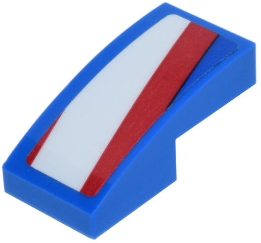Lego Slope, Curved 2 x 1 x 2/3 with Red and White Panels and Stripes Pattern Model Right Side (Sticker) - Set 77246 / Blue
