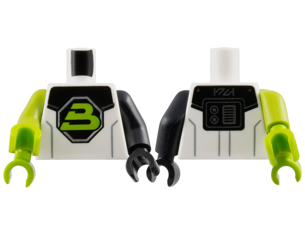 Lego Torso Space Lime Capital Letter B on Black Octagon Blacktron II Logo, Shoulder Armor, Dark Bluish Gray Lines Pattern / Black Arm Left / Lime Double Arm Right / Black Hand Left / Lime Hands Right
