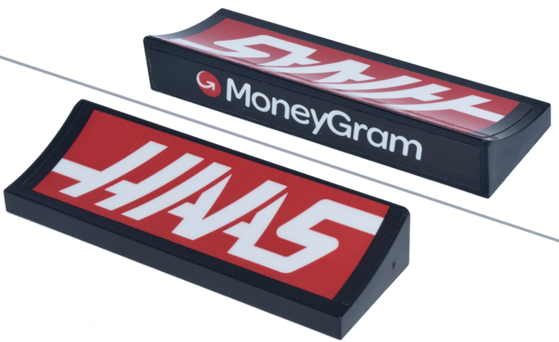 Lego Arch 6 x 2 x 5/6 Inverted with White 'MoneyGram' and Arrow Logo and 'HAAS' on Red Background Pattern (Stickers) - Set 77250