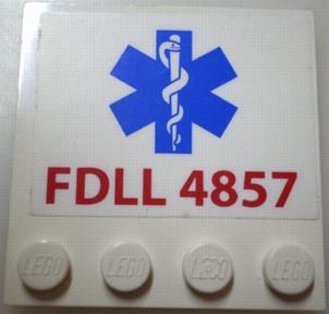 Lego Tile, Modified 4 x 4 with Studs on Edge with Red 'FDLL 4857' and Blue EMT Star of Life Pattern (Sticker) - Set 4857