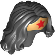 Lego Hair and Tiara, Long Wavy, Gold Tiara with Red Star Print (Wonder Woman) / Black