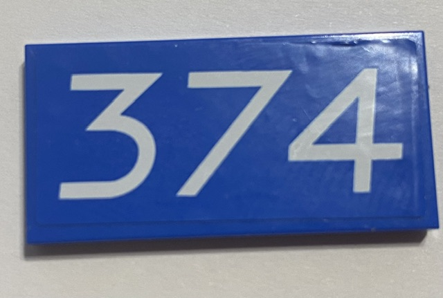 Lego Tile 2 x 4 with White '374' Pattern (Sticker) - Set 8214 / Blue