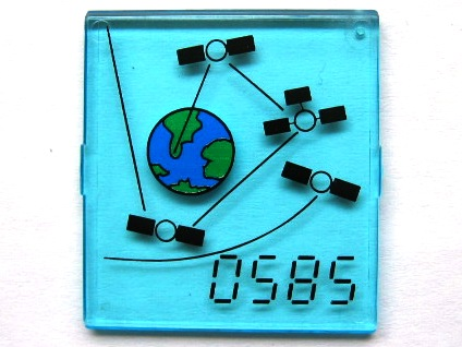 Lego Glass for Window 4 x 4 x 3 Roof with '0585', Earth and Satellites Pattern (Sticker) - Set 6339 / Trans-Light Blue