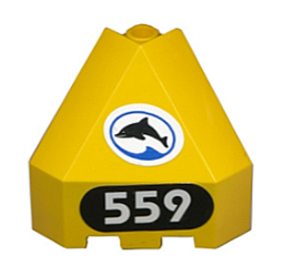 Lego Panel 3 x 3 x 3 Corner Convex with Black Dolphin in White Oval, White '559' on Black Background Pattern Model Left Side (Stickers) - Set 6559