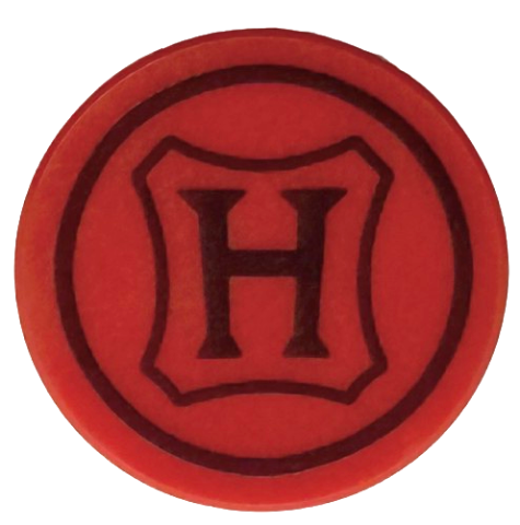 Lego Tile, Round 2 x 2 with Bottom Stud Holder with Wax Seal with Hogwarts Crest, Dark Red Capital Letter H and Border Pattern