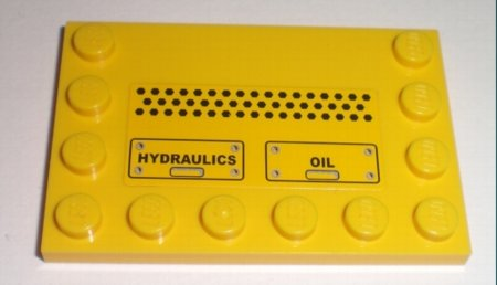 Lego Tile, Modified 4 x 6 with Studs on Edges with Black 'HYDRAULICS' and 'OIL' Pattern (Sticker) - Set 7632 / Yellow