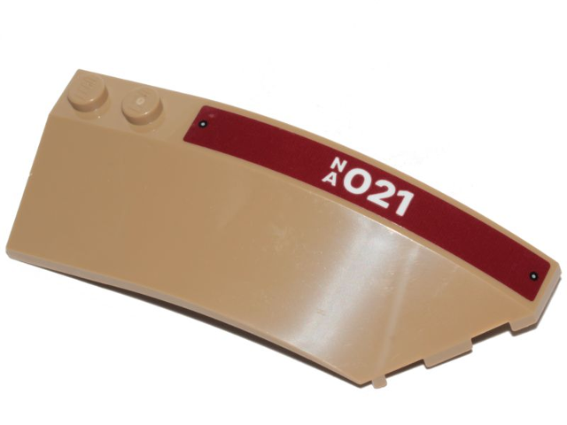 Lego Wedge 8 x 3 x 2 Open Right with White 'NA021' on Dark Red Stripe Pattern (Sticker) - Set 76208