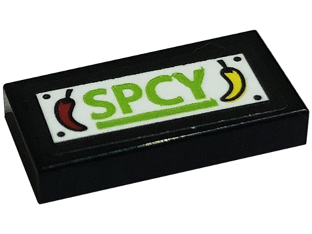 Lego Tile 1 x 2 with Lime 'SPCY' and Chili Peppers Pattern (Sticker) - Set 41701