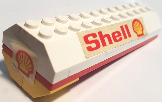 Lego Stickered Assembly 12 x 4 x 2 2/3 with Shell Logo on End and Red 'Shell' and Shell Logo Pattern on Both Sides (Stickers) - Set 671-1