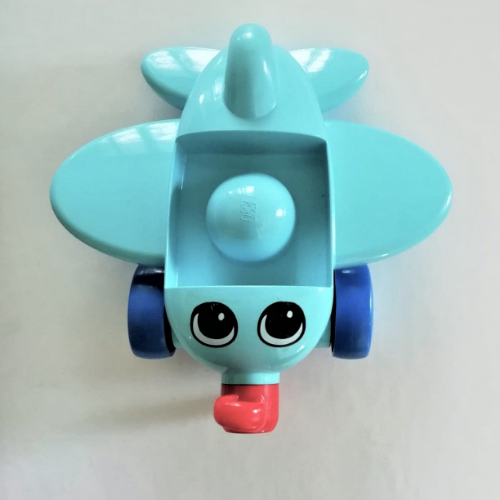 Lego Primo Airplane, Red Propeller, Blue Wheels, with Eyes Print / Sky Blue