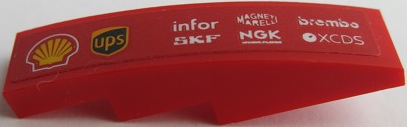 Lego Slope, Curved 4 x 1 with 'MAGNETI MARELLI', 'brembo', 'infor', 'SKF', 'ups', 'XCDS', 'NGK' and Shell Logo Pattern Model Left Side (Sticker) - Set 75879