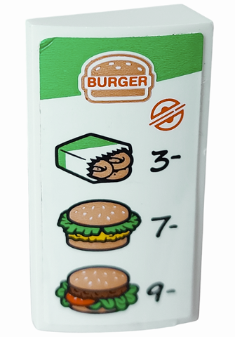 Lego Slope, Curved 2 x 4 x 2/3 with Bottom Tubes with Menu, 'BURGER', Onion Rings, Chicken Sandwich, Hamburger, '3-', '7-', and '9-' Pattern (Sticker) - Set 60214 / White