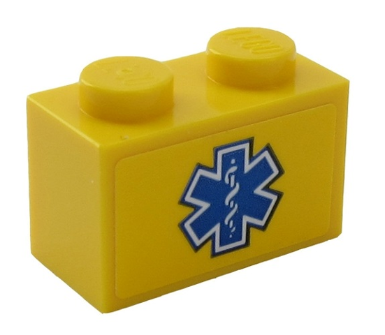Lego Brick 1 x 2 with Blue and White EMT Star of Life Pattern (Sticker) - Set 60203 / Yellow