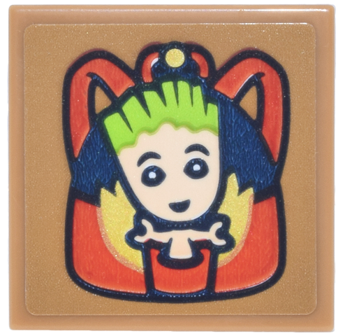 Lego Tile 2 x 2 with Red, Gold and Dark Blue Backpack with Tan and and Lime Baby Groot Pattern (Sticker) - Set 43302 / Medium Nougat