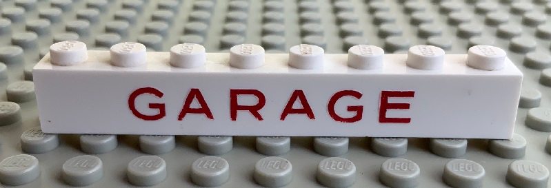 Lego Brick 1 x 8 without Bottom Tubes with Cross Side Supports with Red 'GARAGE' Sans-Serif Thin (Letters Wide) Pattern / White