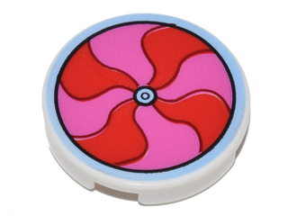 Lego Tile, Round 2 x 2 with Bottom Stud Holder with Red and Dark Pink Pinwheel Pattern / White