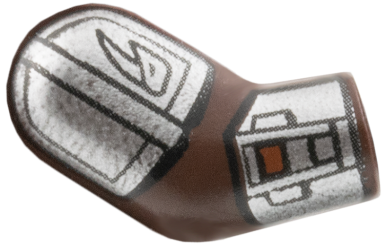 Lego Arm, Right with SW Silver Beskar Armor Plates with Mudhorn Clan Signet, Vambrace with Flamethrower Pattern / Dark Brown