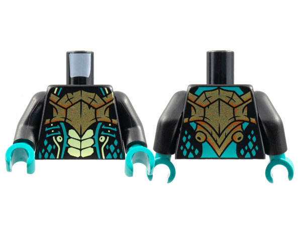 Lego Torso Bold Breastplate, Yellowish Green Scales, Dark Turquoise Gills and Spots Pattern / Black Arms / Dark Turquoise Hands