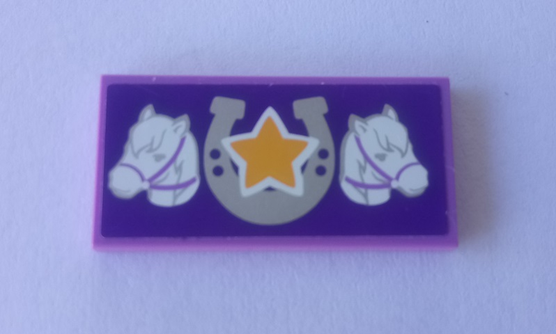 Lego Tile 2 x 4 with Two Horses, Silver Horseshoe and Yellow Star on Dark Purple Background Pattern (Sticker) - Set 41057 / Medium Lavender