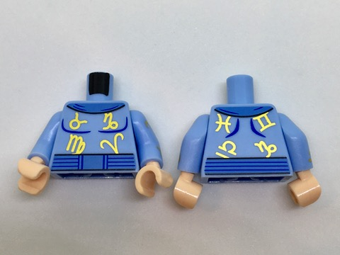 Lego Torso Medium Blue Collar and Belt, Gold Zodiac Symbols Pattern / Bright Light Blue Arms with Gold Zodiac Signs Pattern / Light Nougat Hands