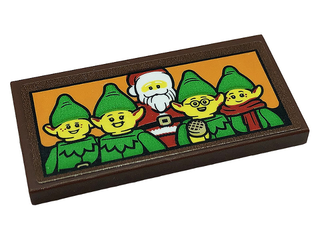 Lego Tile 2 x 4 with Elves and Santa Claus on Orange Background Pattern (Sticker) - Set 10275