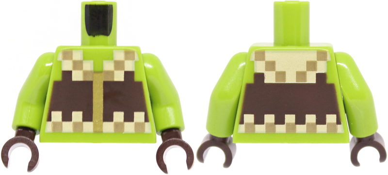 Lego Torso Pixelated Dark Brown, Dark Tan and Tan Vest with Gold Zipper Pattern / Lime Arms / Dark Brown Hands