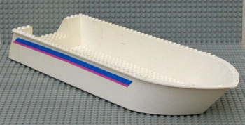 Lego Boat, Hull Unitary 52 x 16 x 5, Base with Blue and Red Stripes on Both Sides and 'Belville' on Back Pattern (Stickers) - Set 5848 / White