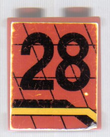 Lego Panel 1 x 2 x 2 - Solid Studs with Black Number 28 and Angled Black and Yellow Lines Pattern Model Right Side (Sticker) - Set 8808