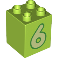 Lego Duplo Brick 2 x 2 x 2 with Yellowish Green '6' Print