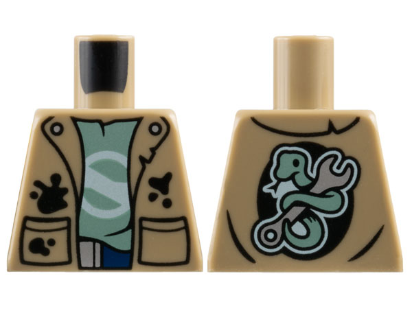 Lego Torso Vest with Black Pockets and Splotches over Sand Green T-Shirt, Snake and Wrench on Back Pattern / Dark Tan