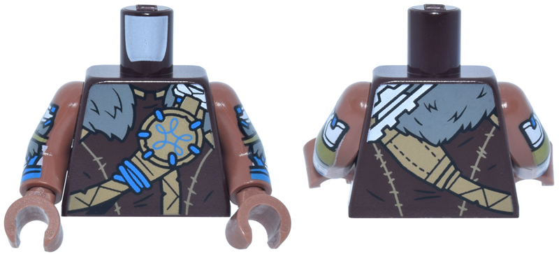 Lego Torso Leather Armor, Dark Tan Straps and Emblem with Blue Wrap, Dark Bluish Gray Fur Collar, White Shoulder Plates Pattern / Medium Brown Arms with Armor Plates, Wrappings, Fur Trim Pattern / Medium Brown Hands
