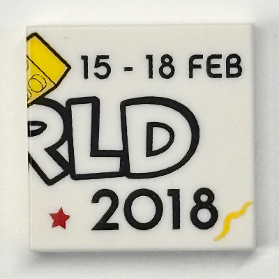 Lego Tile 2 x 2 with '15-18 FEB RLD 2018' Print / White