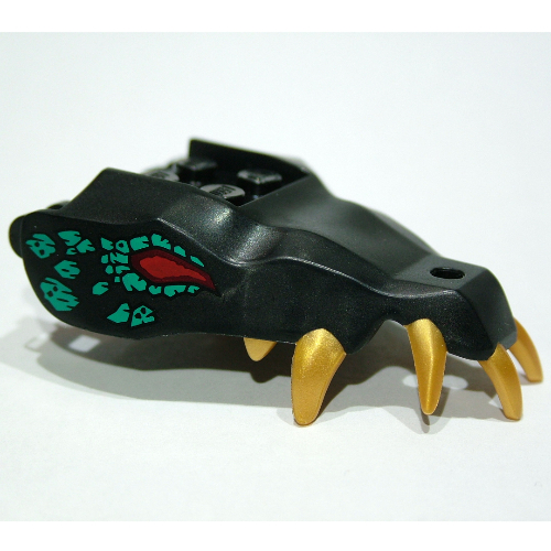 Lego Creature Body Part, Dragon Head Upper Jaw with 4 Studs on Top and Gold Teeth, Dark Turquoise Markings, Red Eyes Print / Black