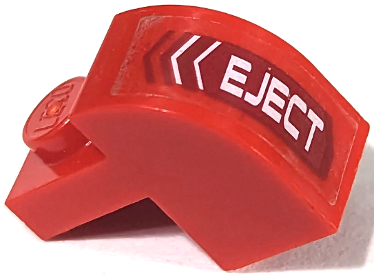 Lego Slope, Curved 2 x 1 x 1 1/3 with Recessed Stud with White 'EJECT' on Dark Red Background Pattern Model Left Side (Sticker) - Set 7701