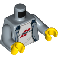Lego Torso Jacket, Open over White Shirt with Dodge Logo Print, Sand Blue Arms, Yellow Hands