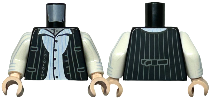 Lego Torso Vest Open with Buttons, Pockets, and Dark Bluish Gray Pinstripes over White Button Up Shirt with Medium Blue Pinstripes Pattern / White Arms with Medium Blue Pinstripes, Cuffs Pattern / Light Nougat Hands