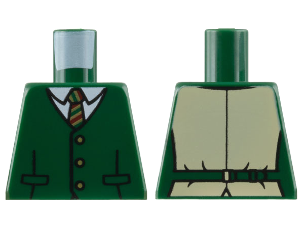 Lego Torso Vest with 3 Buttons, White Collar Shirt, Tie with Dark Red, Dark Green and Gold Stripes Pattern / Dark Green