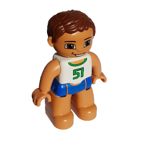Lego Duplo Figure with Parted Wavy Hair Reddish Brown, Blue Swim Trunks, White Top with '51' Print / White