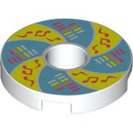 Lego Tile Round 2 x 2 with Hole with Bright Light Yellow/Medium Azure Swirl, Coral Music Notes, Sound Bars Print / White