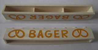 Lego Brick 1 x 8 without Bottom Tubes with Cross Side Supports with Gold 'BAGER' and Pretzels Wide Pattern (Undetermined Type) / White