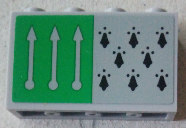 Lego Panel 1 x 4 x 2 with Side Supports - Hollow Studs with 8 Black Spires and 3 Arrows on Green Background Pattern (Sticker) - Set 75956
