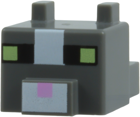 Lego Creature Head Pixelated with Ears, Nose, and Face with White Stripe, Black and Yellowish Green Eyes, and Bright Pink Nose Pattern / Dark Bluish Gray